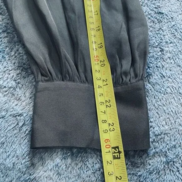 VINCE Women's  Silk Mandarin Collar Button Down Shirt XL Green Belt Pockets - Picture 6 of 10